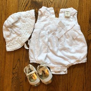 White eyelet bubble onesie, hat and matching shoes